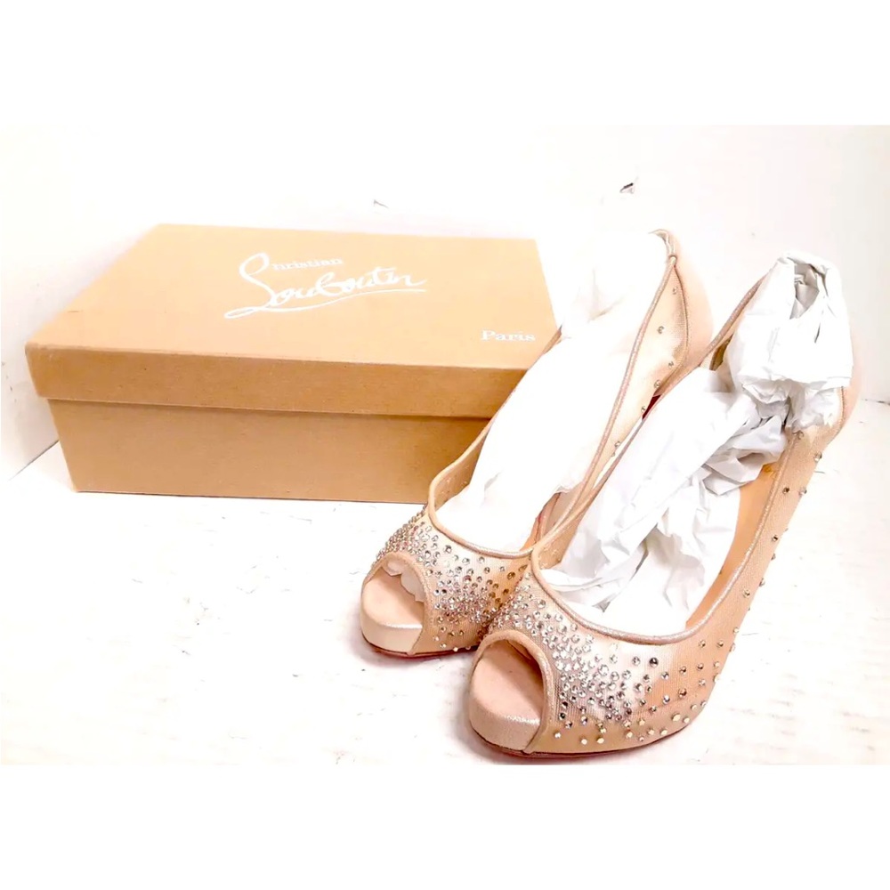 AUTH Christian Louboutin Beige Crystal Suede Very Strasse Peep Toe Pumps 37.5